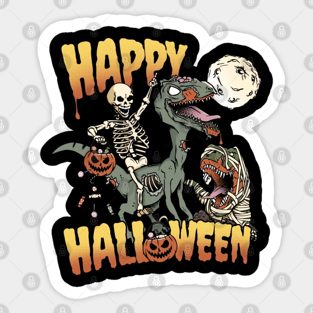 Skeleton Riding Zombie Dinosaur Happy Halloween Sticker by NerdShizzle